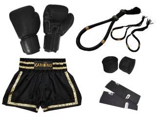 Boxningshandskar och kickboxningsshorts med Muay Thai-utrustning : Set-140-Svart-Guld